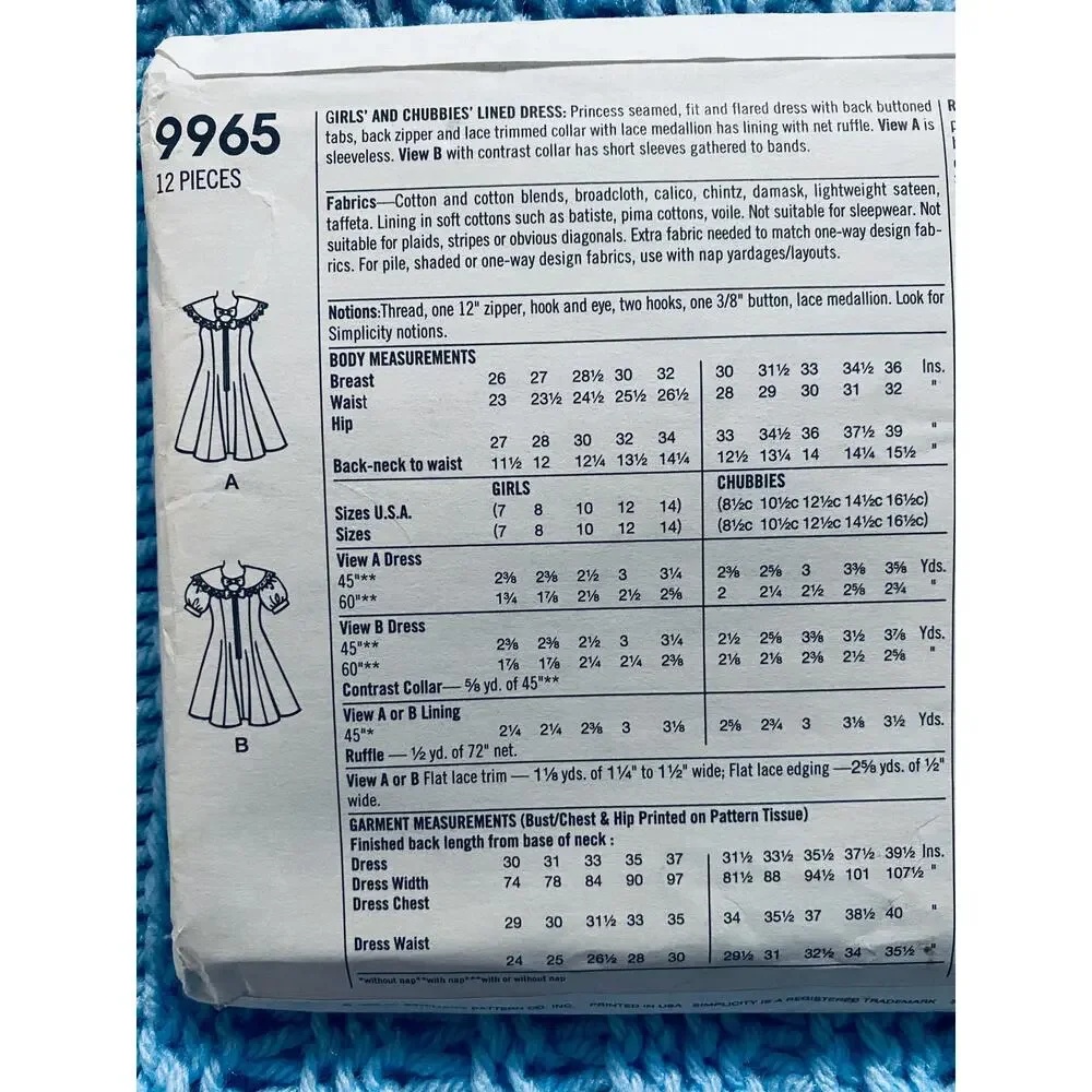 Simplicity 9965 sewing pattern Girls dress puff sleeve Size 8 1/2-16 1/2